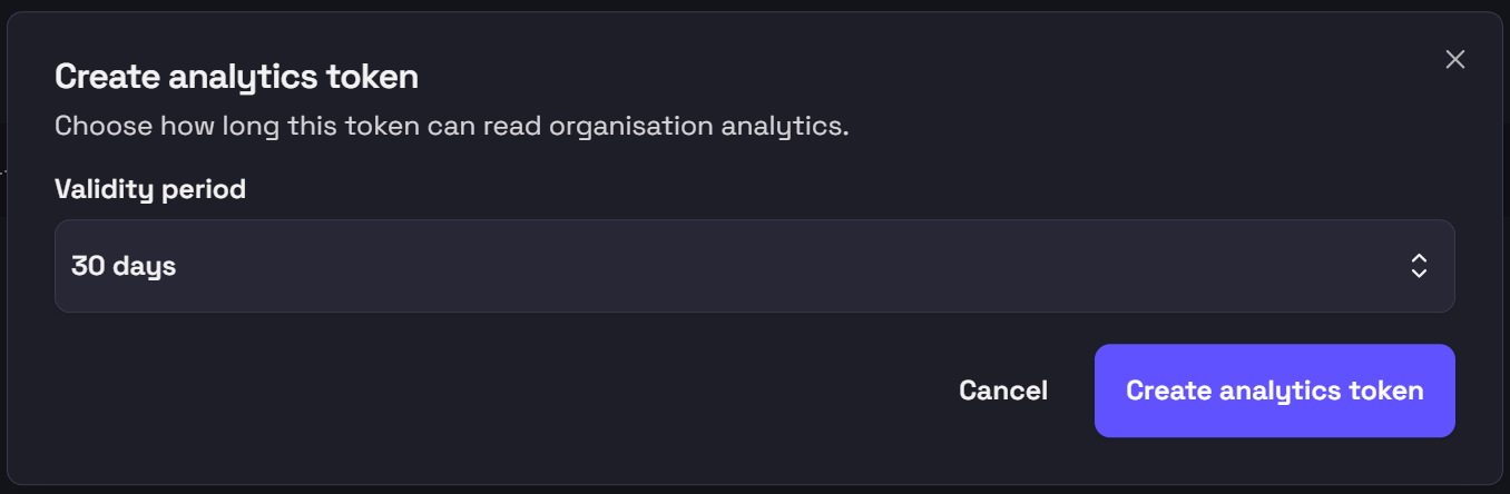 Tracify create analytics token dialog