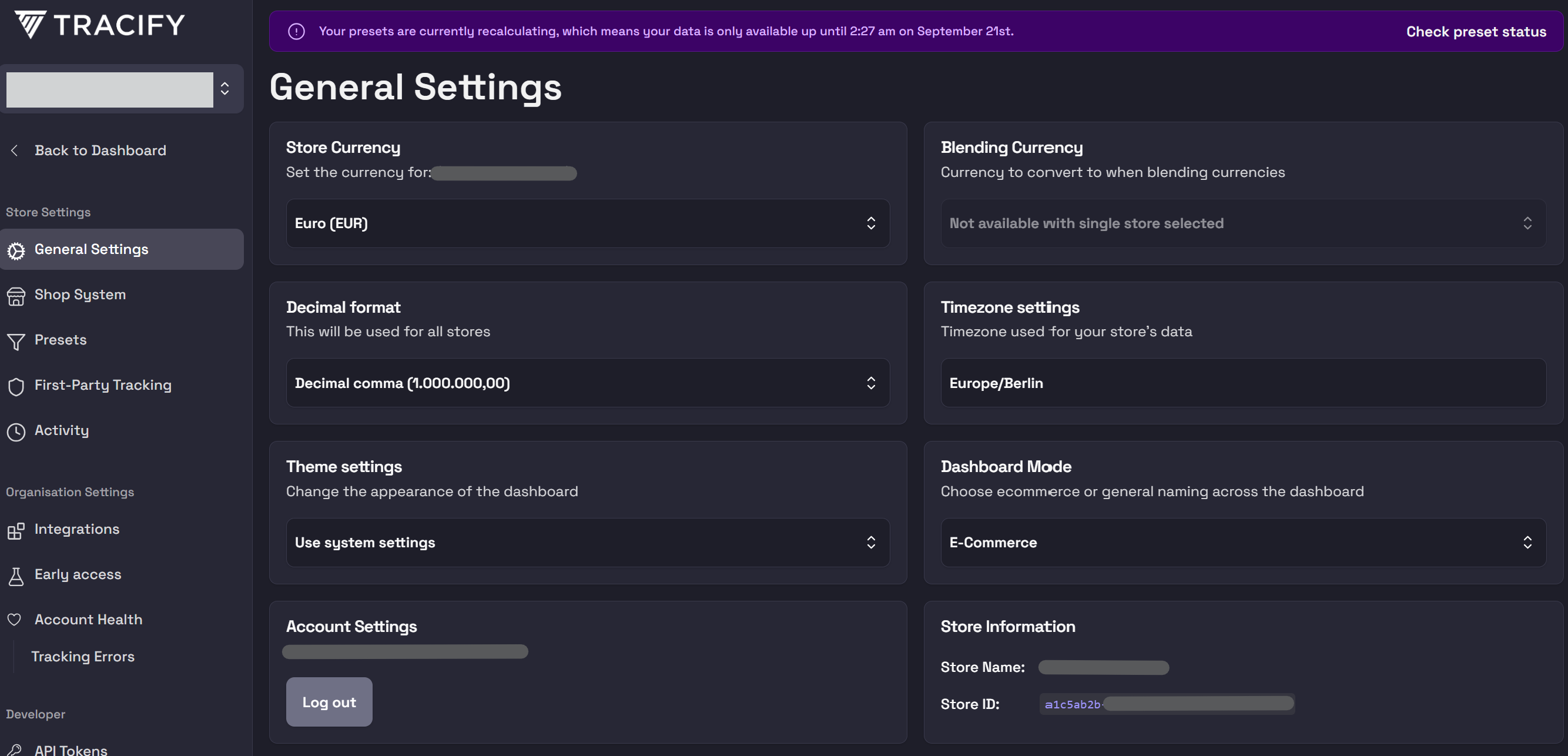 Tracify General Settings with Store Information