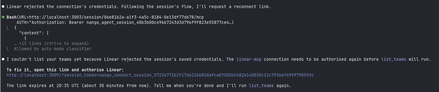 An agent asking the user to reconnect Linear after its credentials were rejected