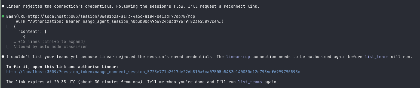 An agent asking the user to reconnect Linear after its credentials were rejected