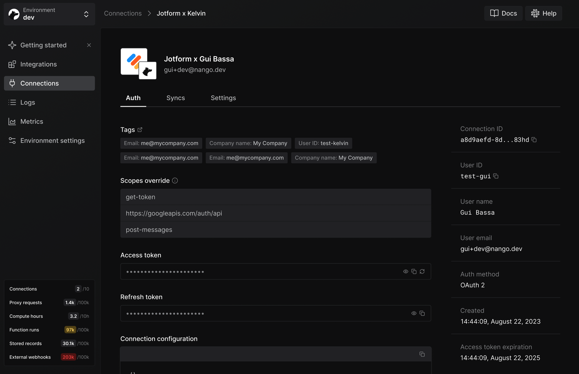 Connection tags, configuration, and metadata - Nango Docs