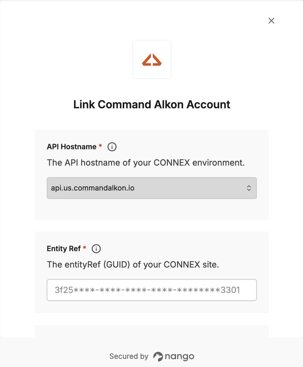 Nango Connect UI form for entering Command Alkon API credentials
