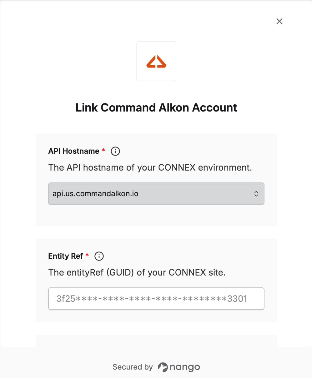 Nango Connect UI form for entering Command Alkon API credentials
