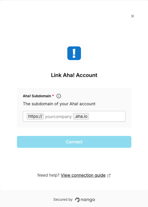 Nango Connect UI form with the Aha! Subdomain field and Connect button