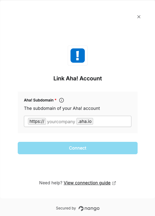 Nango Connect UI form with the Aha! Subdomain field and Connect button