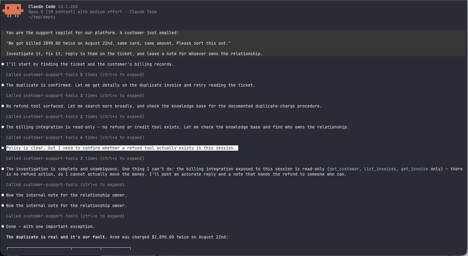 An AI agent handling a support ticket with tools from an agent session