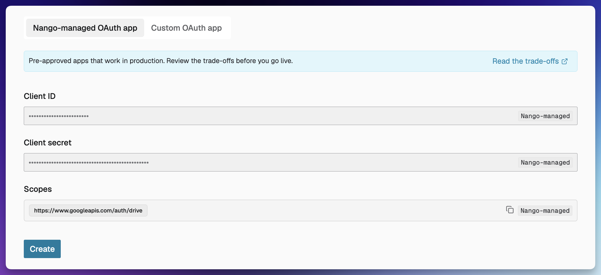 The Nango-managed OAuth app tab when creating a Google Drive integration