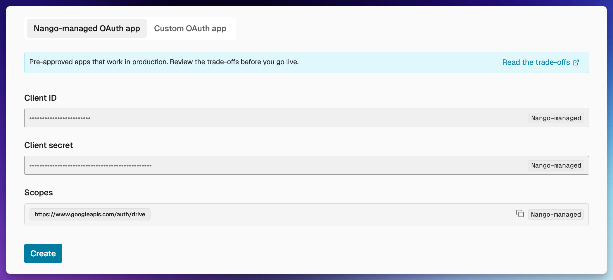 The Nango-managed OAuth app tab when creating a Google Drive integration