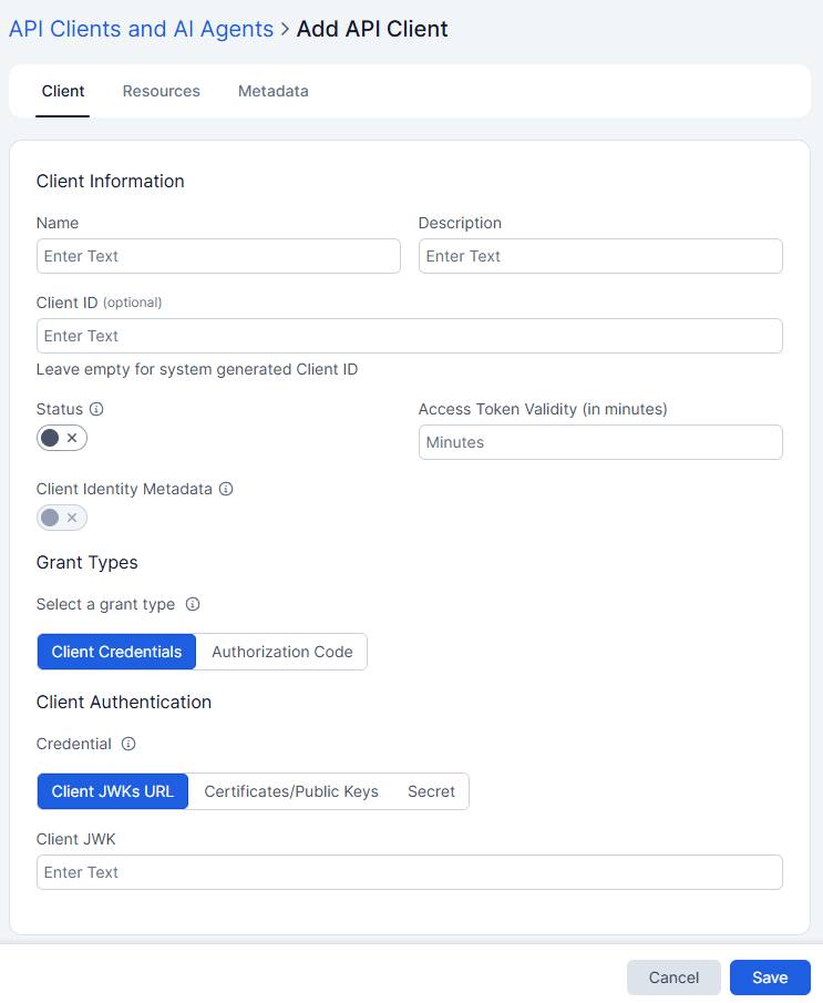 Zscaler Add API Client page with the Client tab open