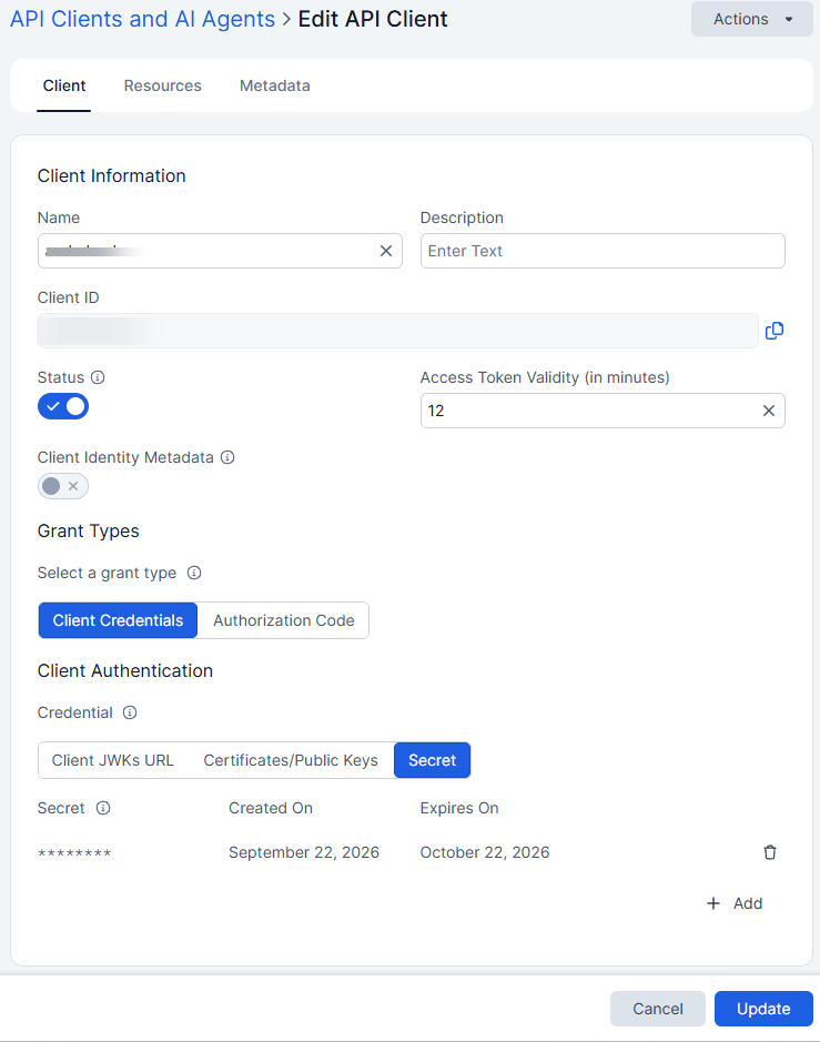Zscaler Edit API Client page showing the Client ID field