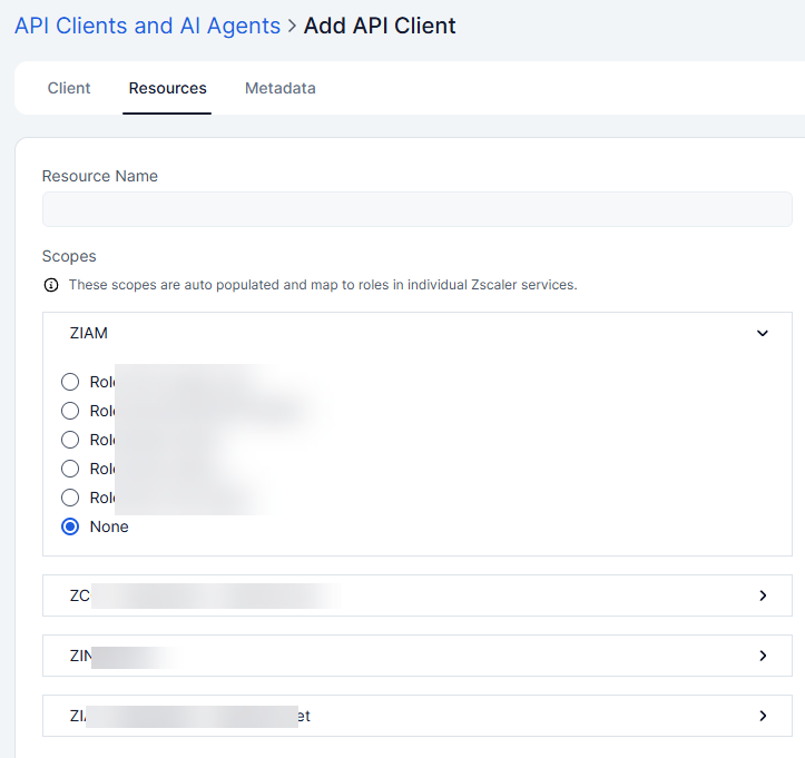 Zscaler Resources tab listing the scopes for each Zscaler service