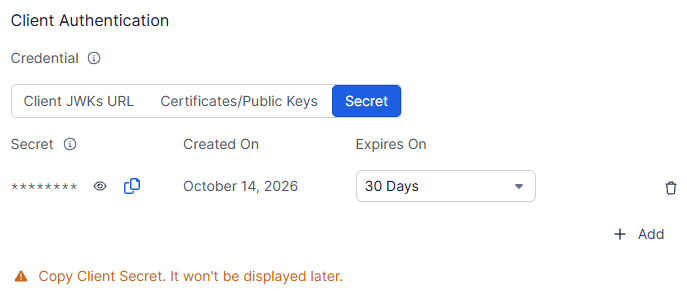 Zscaler Client Authentication section with a client secret added