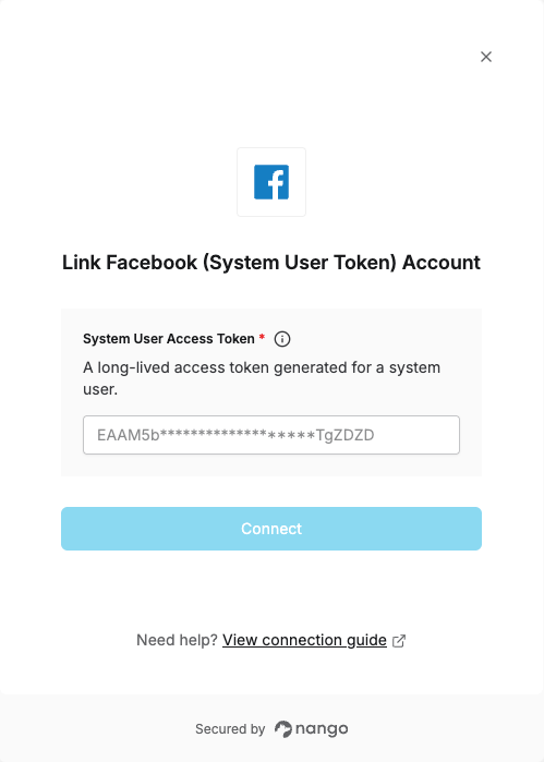 Nango Connect UI form for entering the Facebook system user access token