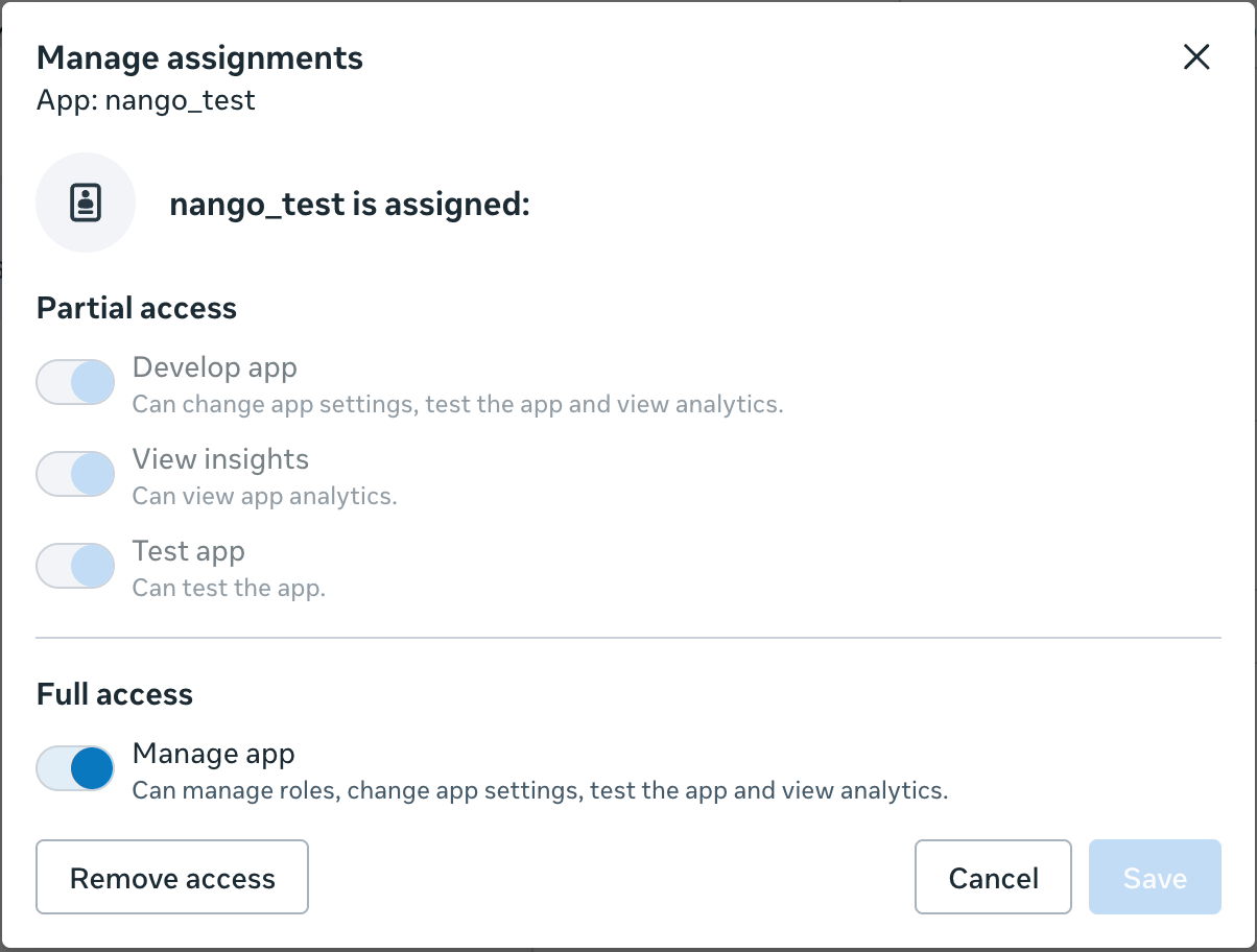 Assign Assets dialog granting the system user Manage app access
