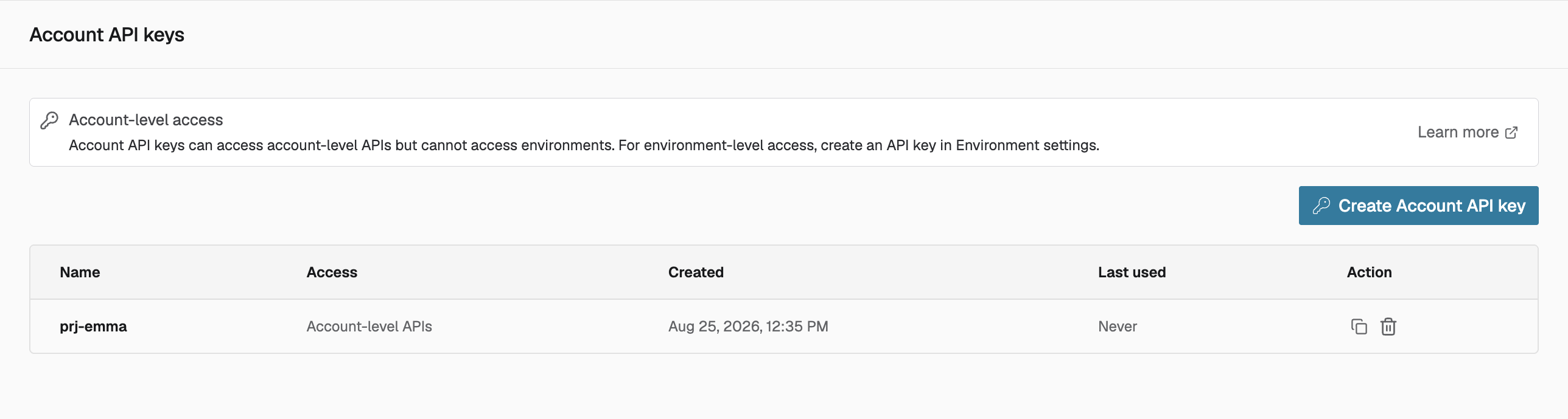 Account API keys page in the dashboard