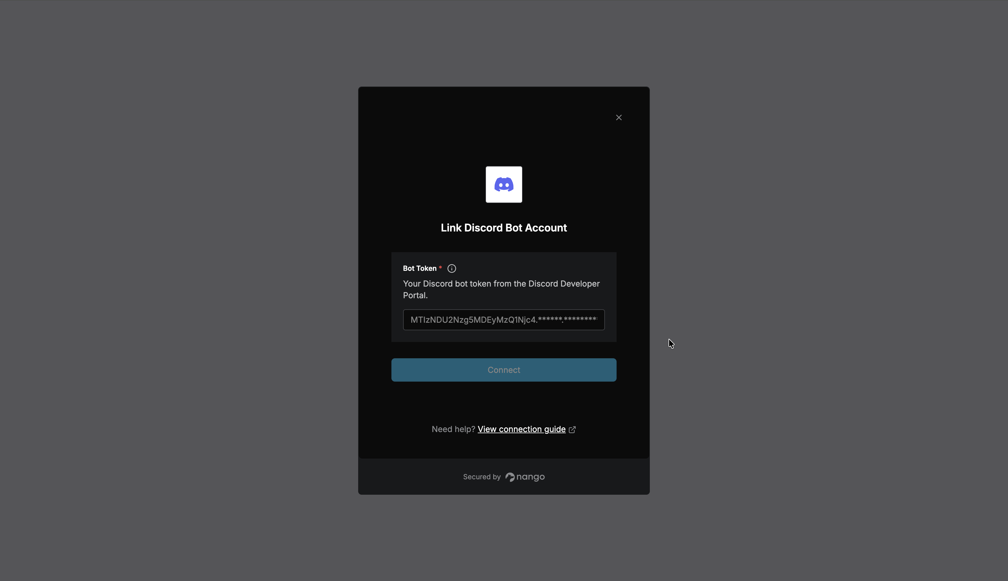Nango Connect UI for Discord Bot with the Bot Token field and Connect button
