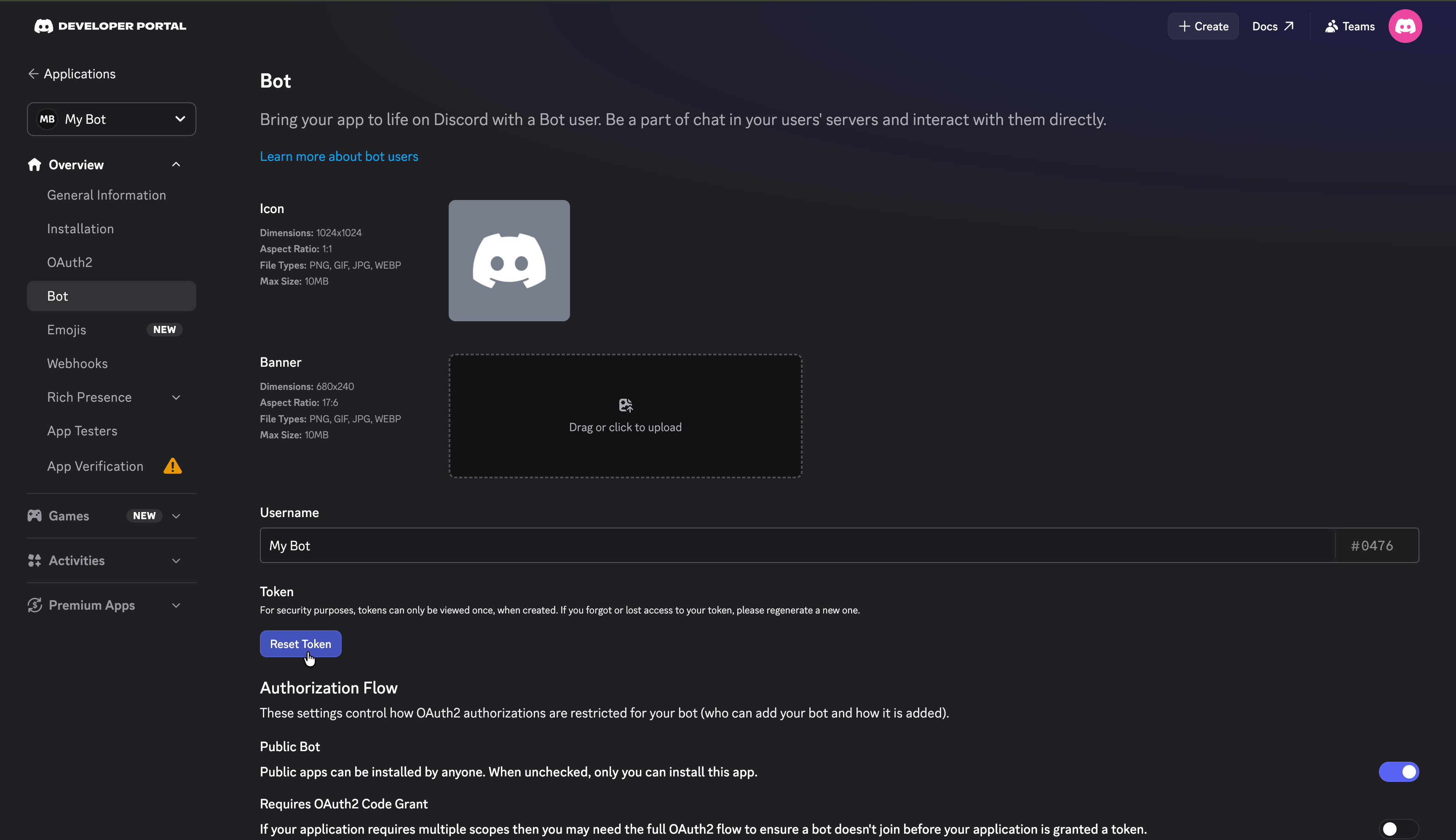 Discord Developer Portal Bot tab with the Reset Token button