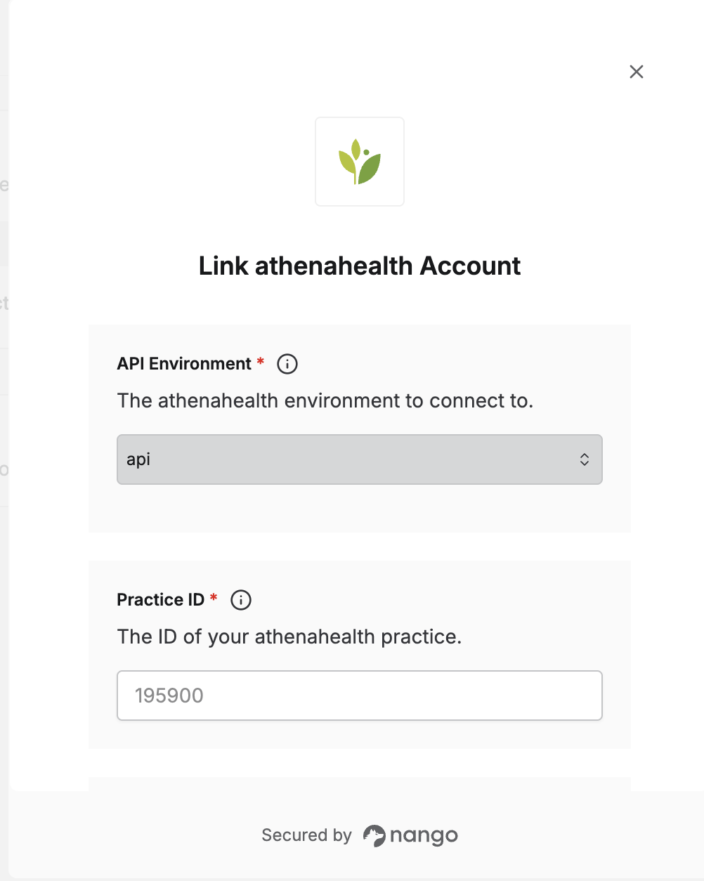 athenahealth connection form with Client ID, Client Secret, and API Environment fields