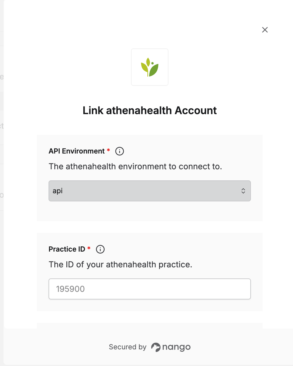 athenahealth connection form with Client ID, Client Secret, and API Environment fields