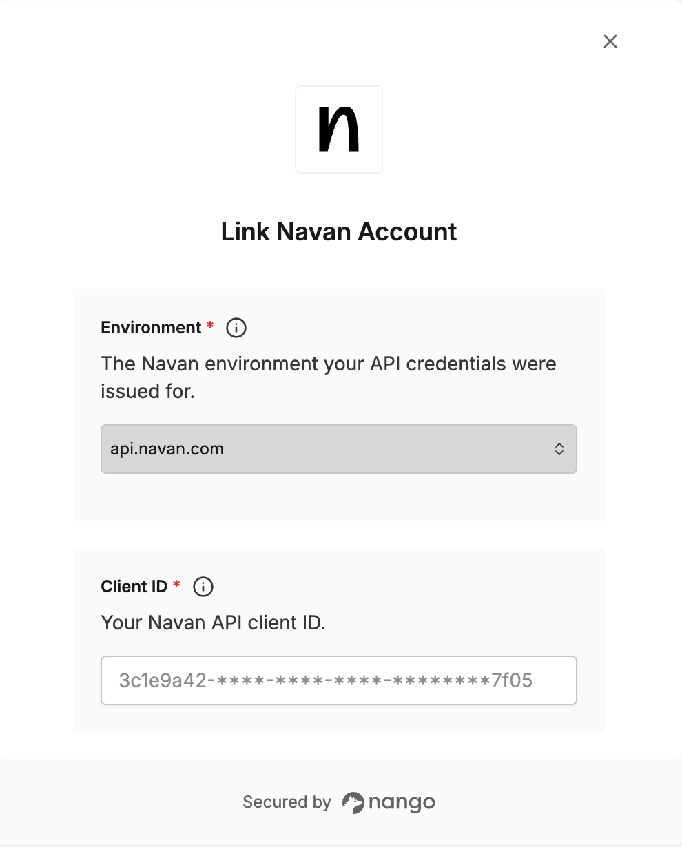 Nango Connect UI form with Environment, Client ID, and Secret Key fields