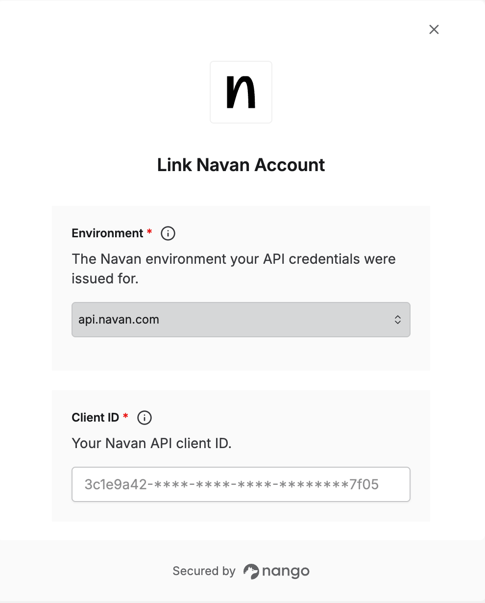 Nango Connect UI form with Environment, Client ID, and Secret Key fields