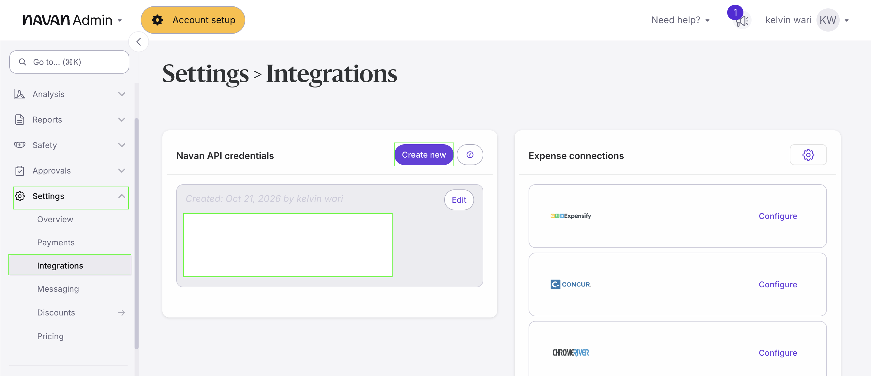 Navan API Credentials section with a new Client ID and Secret Key