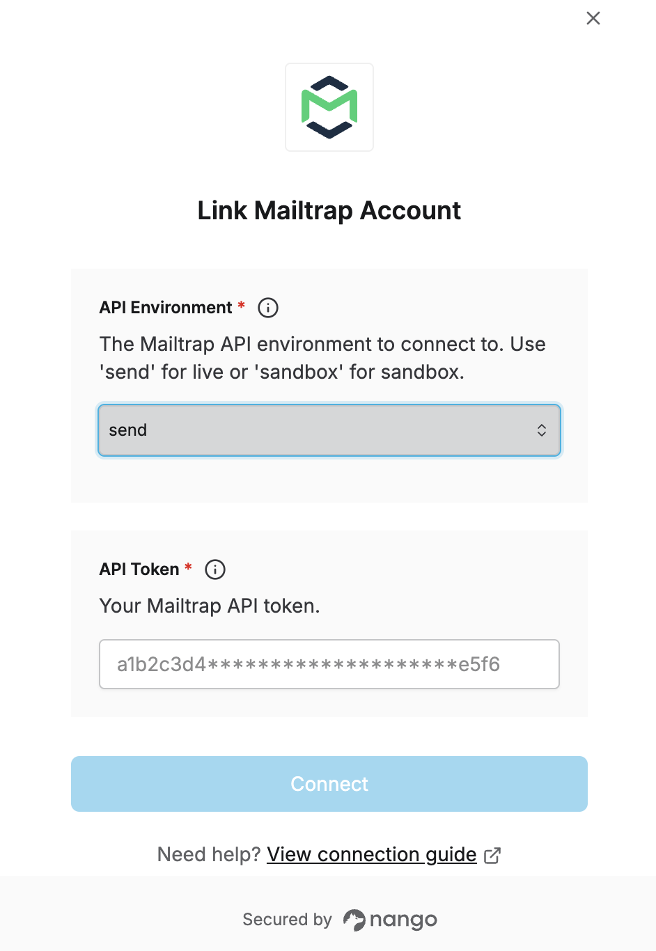 Mailtrap connection form with API Token and API Environment fields