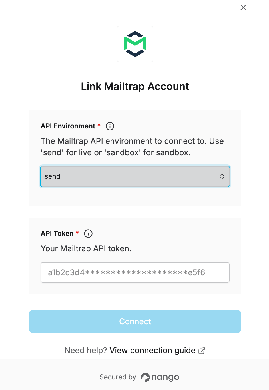 Mailtrap connection form with API Token and API Environment fields