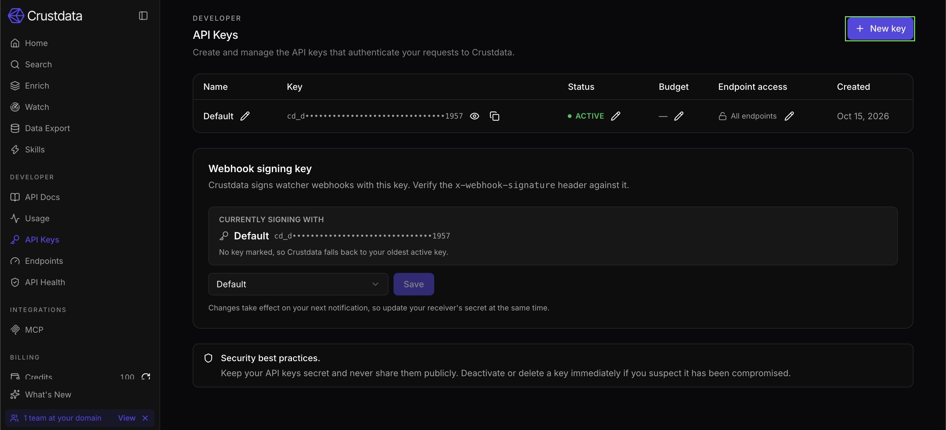 Crustdata API Keys page with the New key button highlighted