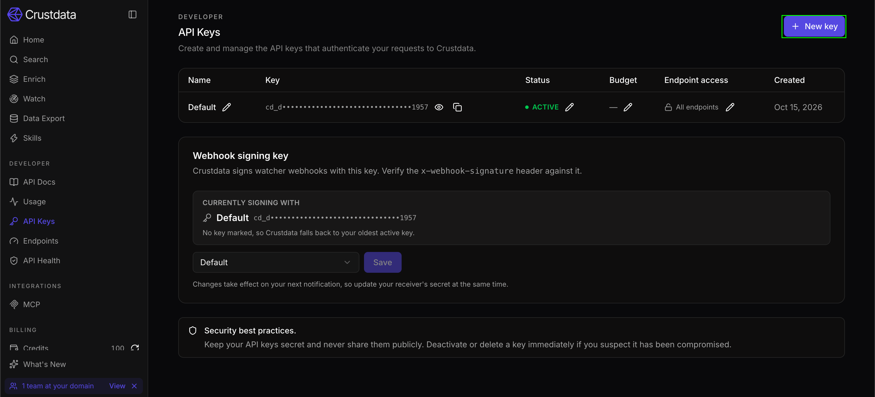 Crustdata API Keys page with the New key button highlighted