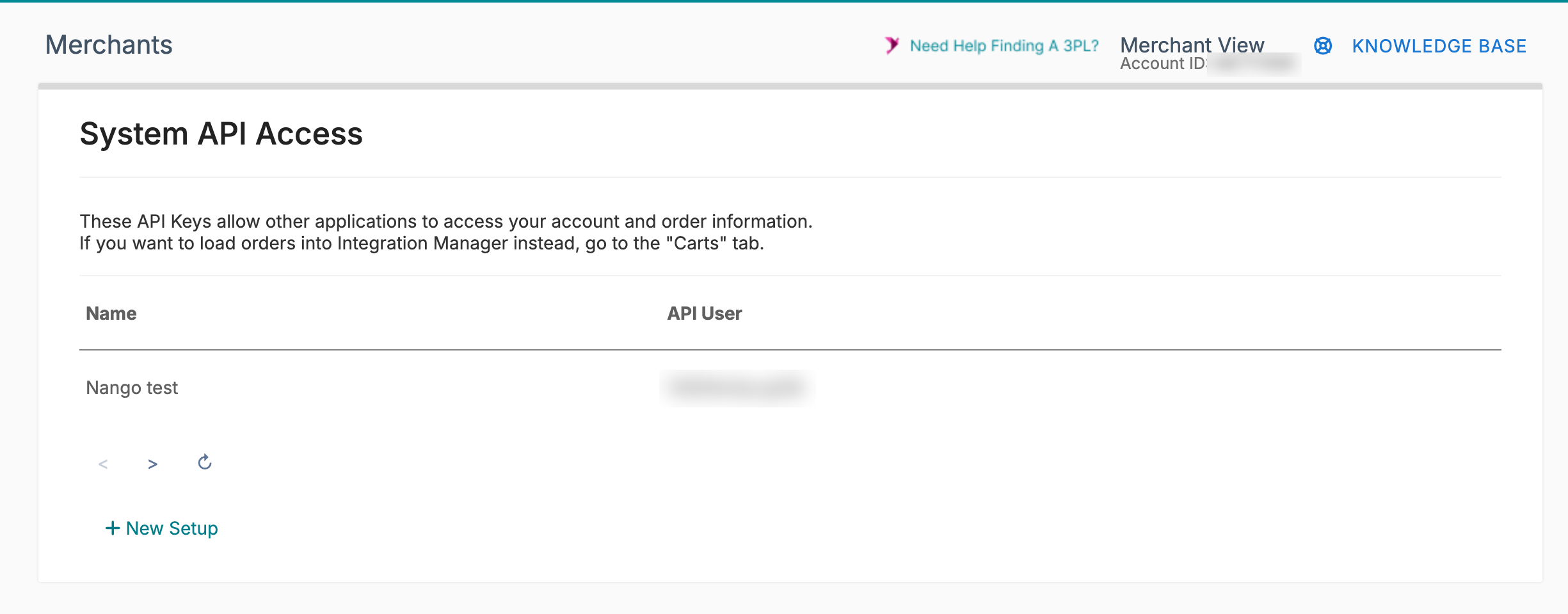 Extensiv Integration Manager System API Access page listing API keys, with the New Setup button