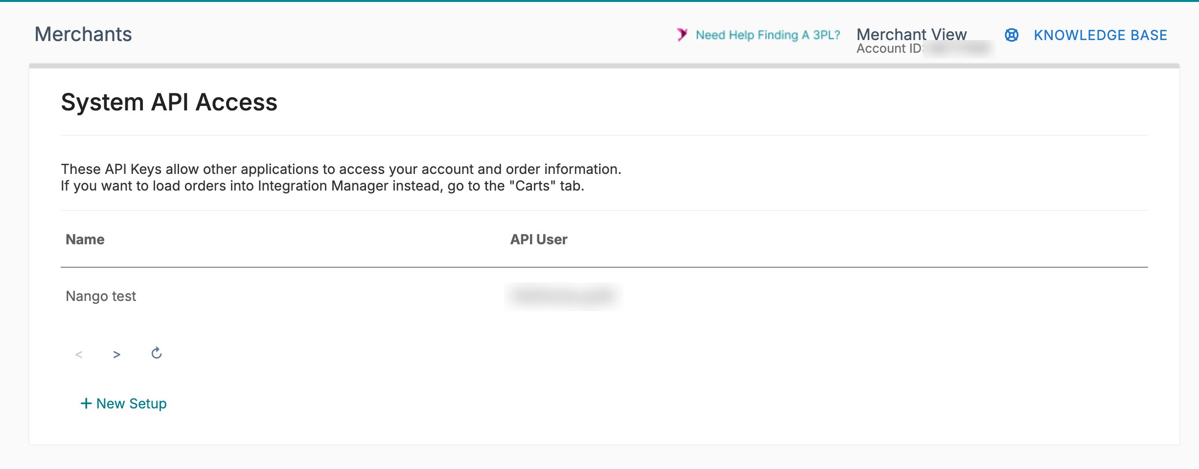 Extensiv Integration Manager System API Access page listing API keys, with the New Setup button