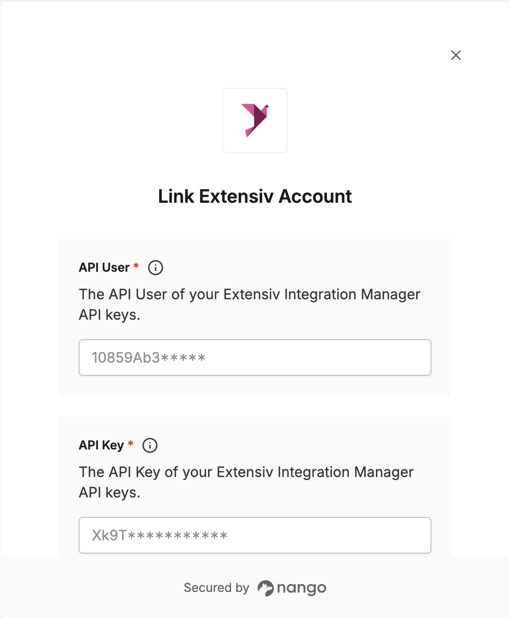 Nango Connect UI form for entering the Extensiv API User and API Key
