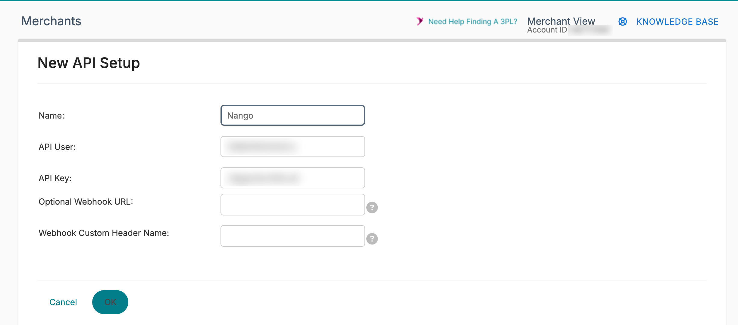 Extensiv Integration Manager New API Setup form with Name, API User, and API Key fields