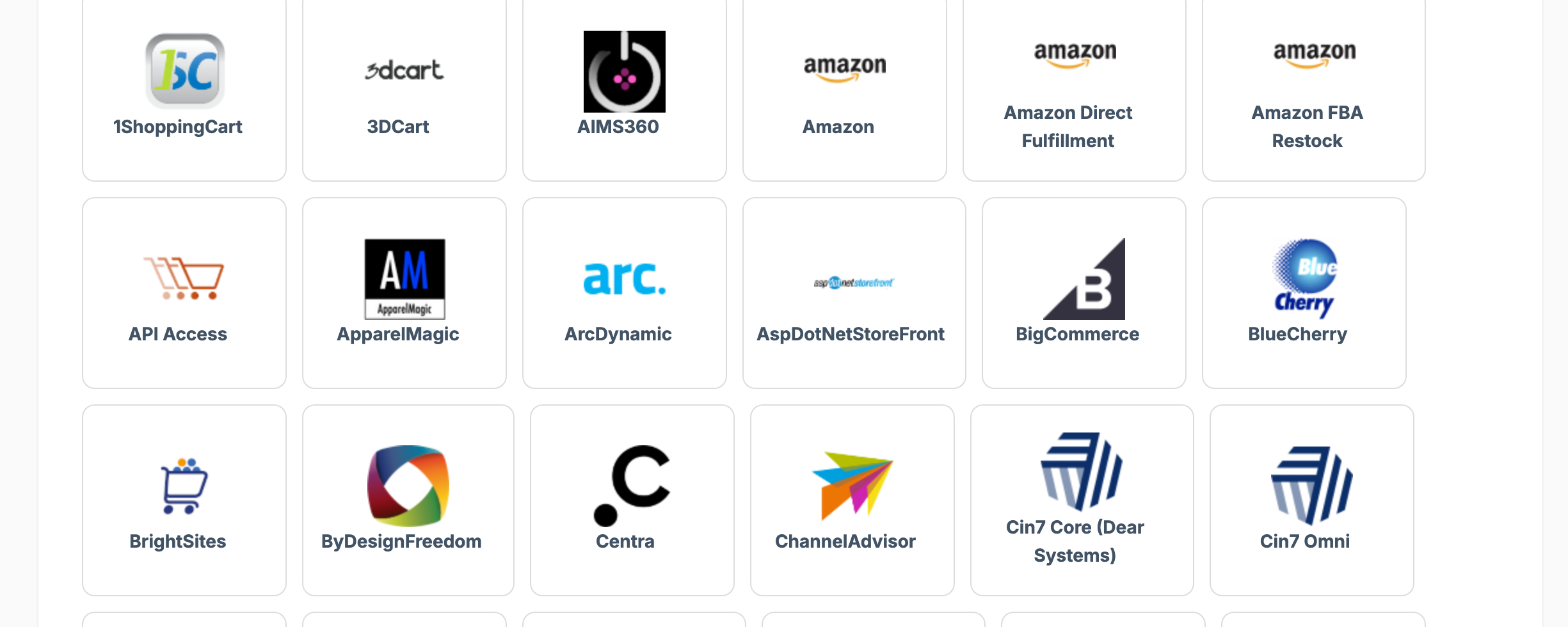 Extensiv Integration Manager Carts New Setup page listing cart types, including API Access