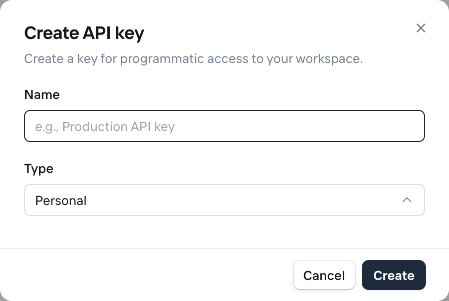 Clarify Create API key dialog with name and type