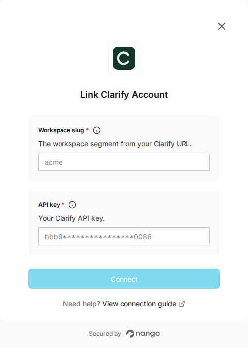 Nango Connect form for Clarify with workspace slug and API key