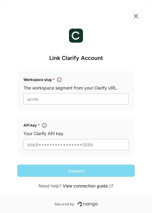 Nango Connect form for Clarify with workspace slug and API key