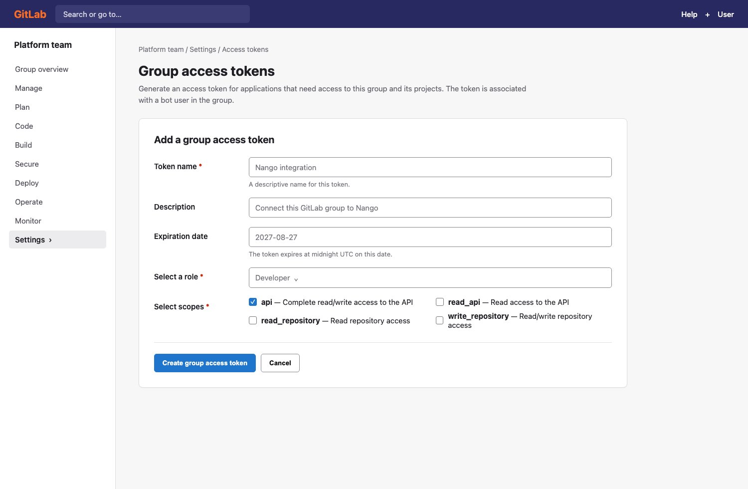 GitLab form for creating a Group Access Token