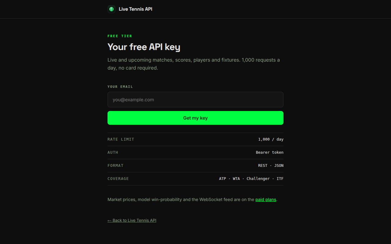 Free tier signup form on livetennisapi.com with the email field and the Get my key button