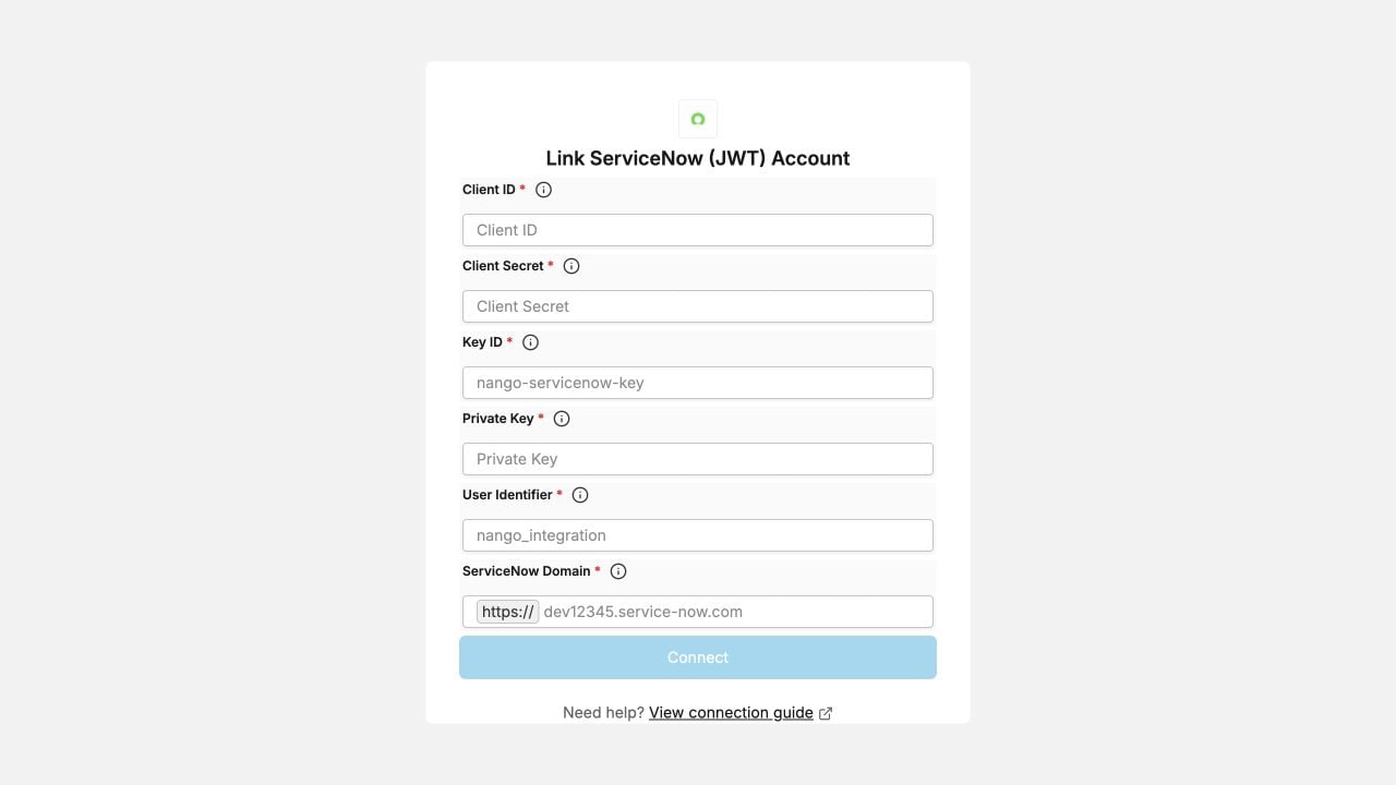 Nango ServiceNow JWT connection form