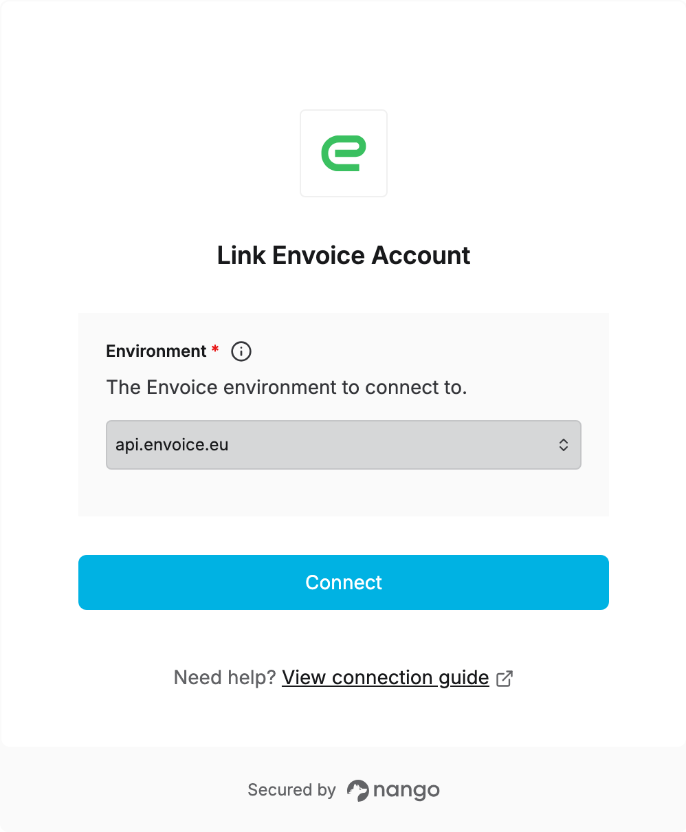 Nango Connect UI form for selecting the Envoice environment