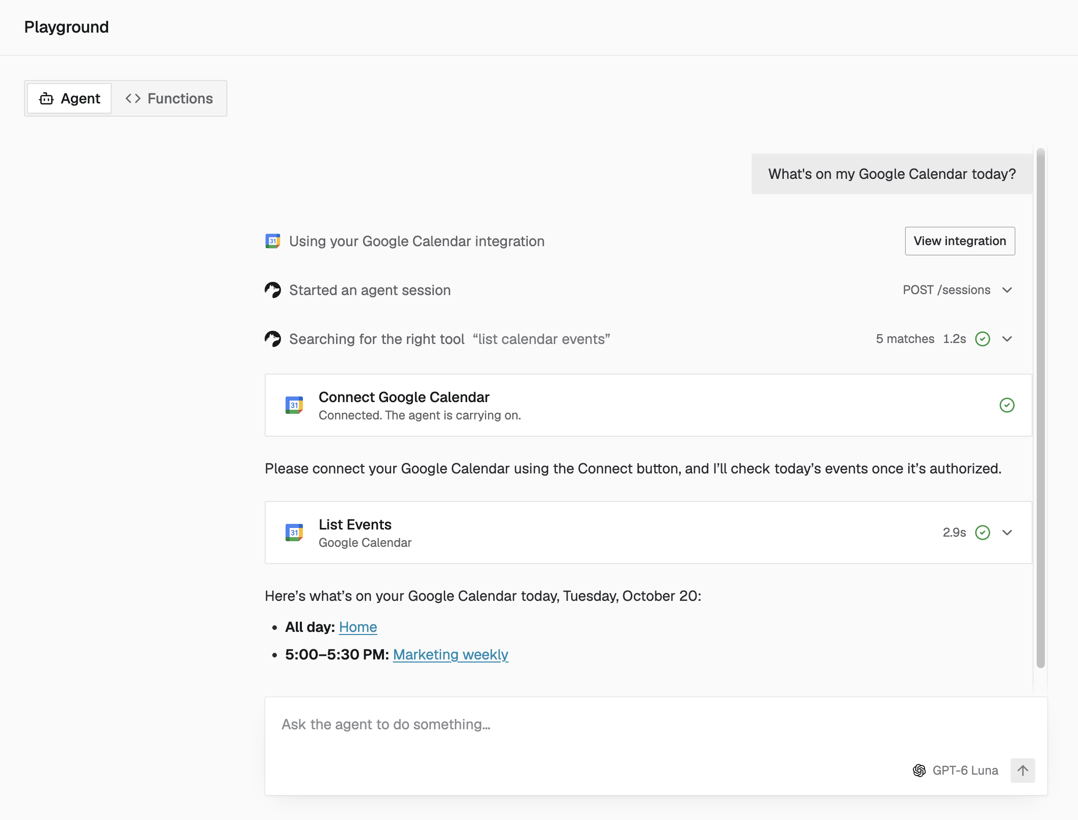 Agent Playground answering a Google Calendar prompt