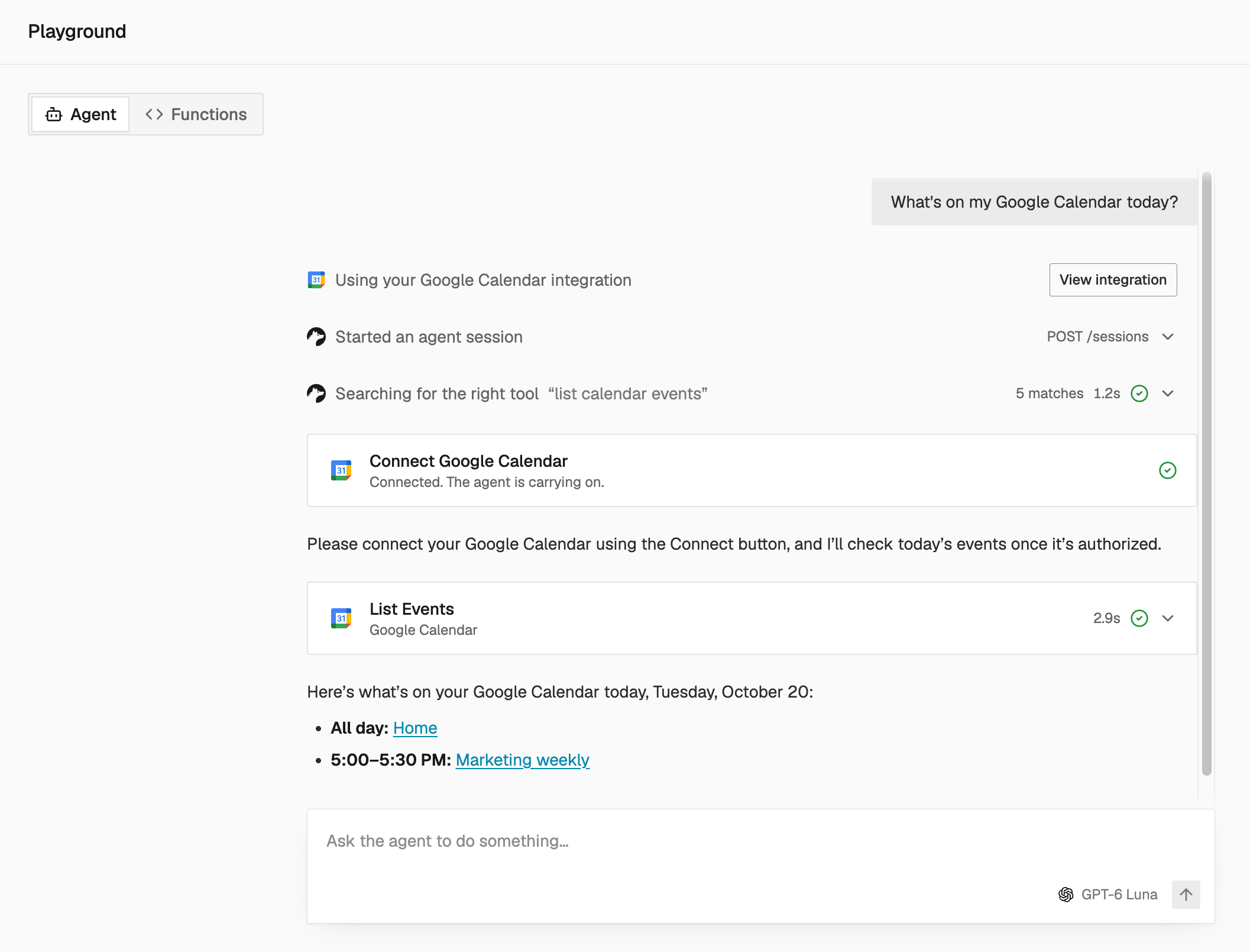 Agent Playground answering a Google Calendar prompt