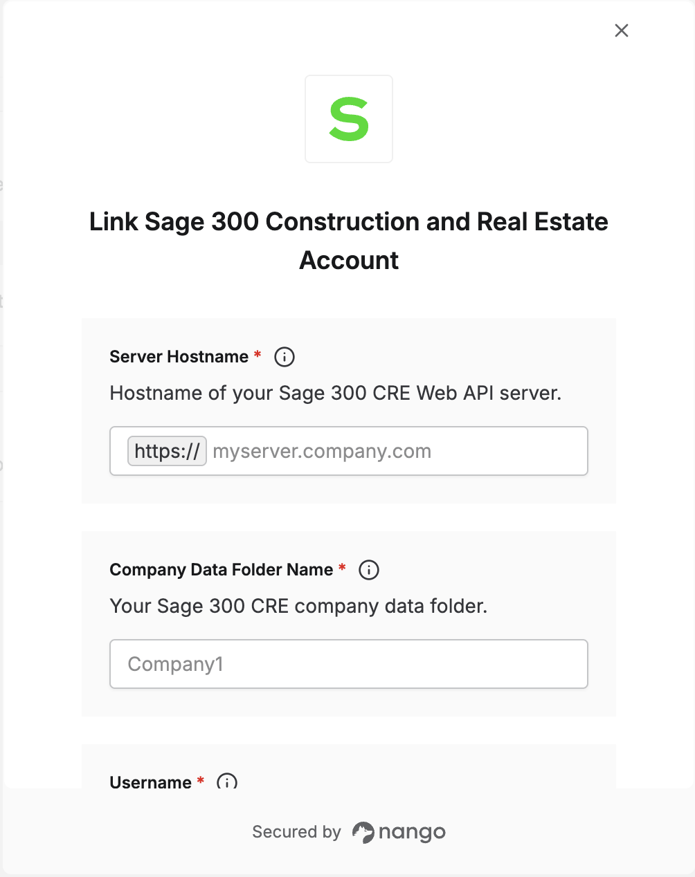 Sage 300 CRE connect form — Username, Password, Server Hostname, and Company Data Folder Name; DPP License Key only appears here if it wasn't already registered on the integration