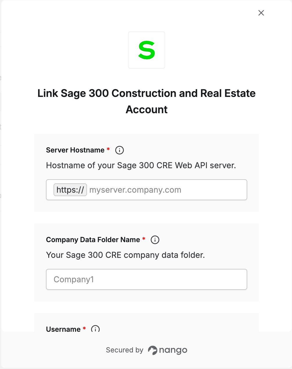 Sage 300 CRE connect form — Username, Password, Server Hostname, and Company Data Folder Name; DPP License Key only appears here if it wasn't already registered on the integration