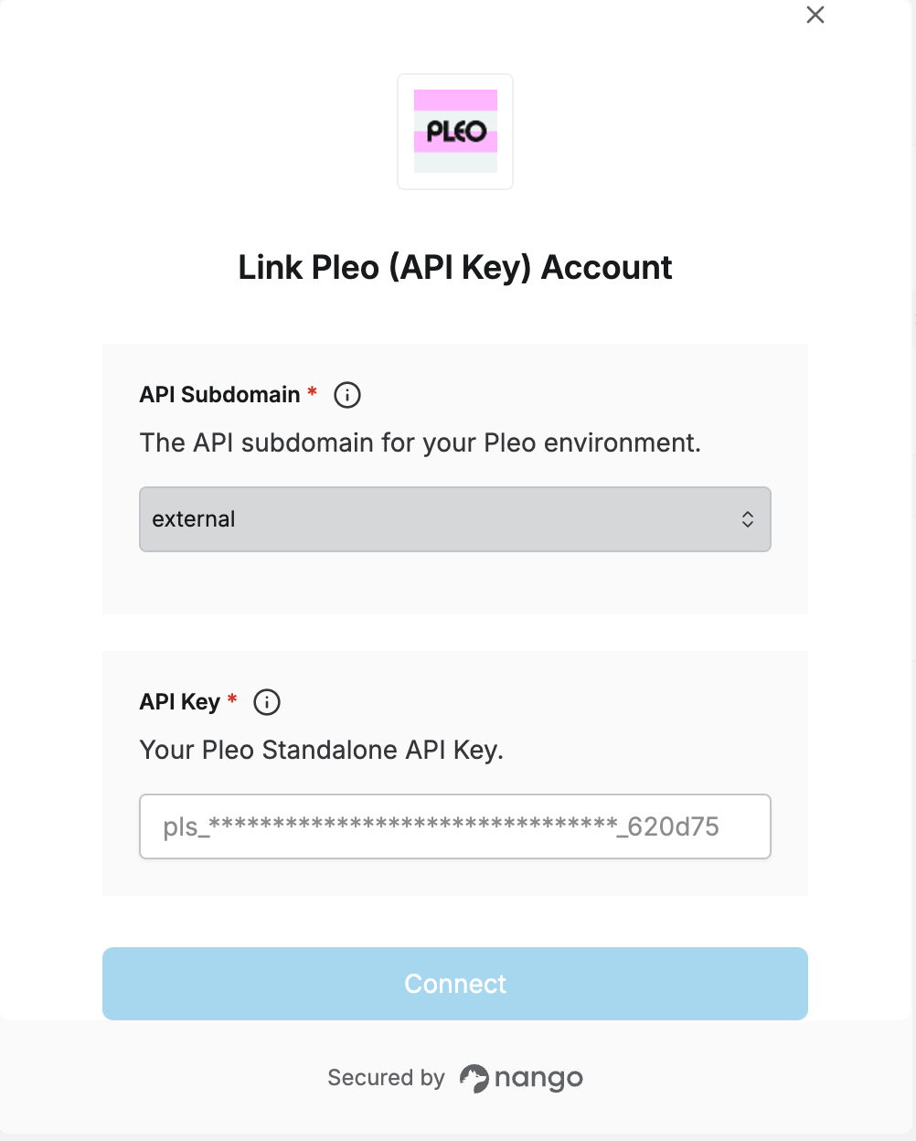 Nango Connect UI form with API Subdomain and API Key fields for Pleo