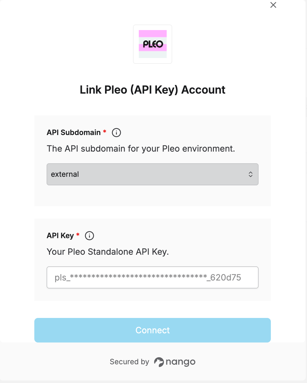 Nango Connect UI form with API Subdomain and API Key fields for Pleo