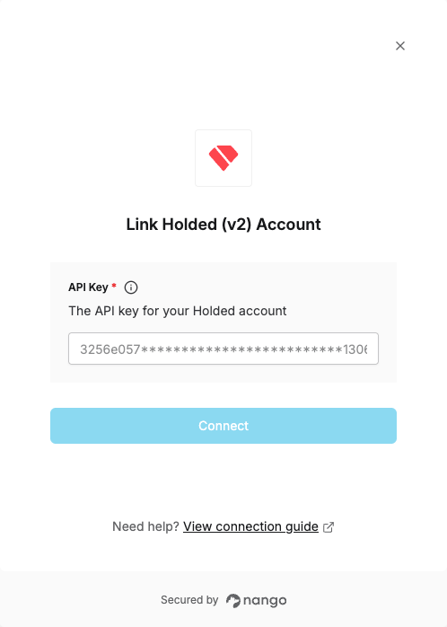 Nango connection form for Holded (v2) with the API Key field