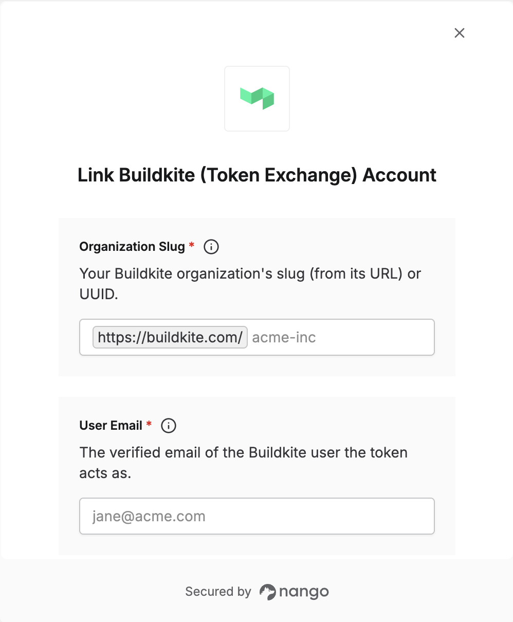 Nango Connect UI form for entering the Buildkite organization slug and user email